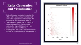 Rules Generation
and Visualization
• Enter plot(rules) to display the scatterplot
of the 2,918 rules, where the horizontal
axis is the support, the vertical axis is the
confidence, and the shading is the lift.
• The scatterplot shows that, of the 2,918
rules generated from the Groceries
dataset, the highest lift occurs at a low
support and a low confidence.
• Scatterplot of the 2,918 rules with minimum
support 0.001 and minimum confidence 0.6
Transaction in Grocery Store 16
 
