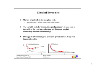 3
_________________________________________________________________________
www.irp-management.com Cyber Security
Page: 3 Date: 27 januari 2017 Draft version
Classical Economics
 Market price tends to the marginal costs
– Marginal costs = variable costs + fixed costs / volume
 The variable costs for information good producers is near zero so
they will go for ever increasing market share and market
dominancy (or even for monopoly)
 Strategy of information good providers prefer market share over
improved quality
Traditional business
€
#
Fixed/Volume
Variable
SW business
Fixed/Volume
Variable
#
 