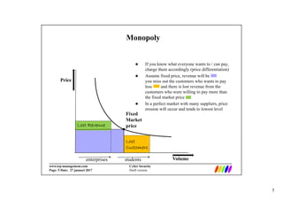 5
_________________________________________________________________________
www.irp-management.com Cyber Security
Page: 5 Date: 27 januari 2017 Draft version
Monopoly
 If you know what everyone wants to / can pay,
charge them accordingly (price differentiation)
 Assume fixed price, revenue will be
you miss out the customers who wants to pay
less and there is lost revenue from the
customers who were willing to pay more than
the fixed market price
 In a perfect market with many suppliers, price
erosion will occur and tends to lowest level
Fixed
Market
price
enterprises students
Price
Volume
Lost
Customers
Lost Revenue
 