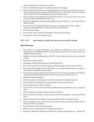 the other management, senior supervisors and supervisor.
 Follow up with all fields the progress of the HSE plan and other tasks and targets.
 Establish, implement and maintain a new HSE position (Well service HSE Eng.) to follow up and control all
well service activities. Ensure implement of SWPP, SSOW, Permit To Work "PTW", Task Risk Assessment
"TRA", Toll Box Talk "TBT" and compliance with LSR and Five Keys control.
 Ensure the execution of the training plan for each field and this plan is cover the critical subject in the current
year (e.g. Line of fire, SWPP, SSOW, TRA, TBT, ..etc)
 Participate in establishment, implement maintain BAPETCO operation HSE Case. As well as, filed HSE case
(BED-3 & AESW)
 Ensure the readiness of emergency preparedness ( emergency and contingency plan " drills" , emergency
response team, firefighting facilities , fire and gas detection system, ESD system)
 BAPETCO internal auditing.
 Ensure all audit "internal / external" recommendations / actions are tracked and closed.
 Encourage Team Work spirit by setting an example.
2010 – 2013 Badr Petroleum Co. (BAPETCO), Joint Venture between EGPC and Shell.
BED-3 HSE Manager
 Ensure adherence to company HSE Policies, rules, regulations and procedures. As well as, enforce the
implementation of the BAPETCO HSE-MS and also promote awareness of its use among all divisions and
departments personnel in BED-3.
 Establish a new Road Safety Monitoring Team "RSMT" to control vehicle movements and improve road safety
in BED-3
 Install IVMS in all BED-3 vehicles.
 Participating in HAZID and HAZOP studies for ASW field and NEAG 1
 Review the weekly spot check of the IVMS and discuss with filed manager to improve our drivers behavior
 Ensure regular HSE campaigns (LSR, LOF, Road Safety, etc.) are successfully done and the key messages are
clear and easy to understand by the target audience.
 Ensure continuous rigorous improvement of the HSE culture of the company and contractor staff through a
comprehensive HSE training program (Hearts & Minds, contractor safety, work place safety, etc.)
 High Potential Incident Investigation
 Establish Learning form incident program to maximize the benefit from the incident leaning points.
 Ensure all incident recommendations/actions are tracked and closed to prevent reoccurrence.
 Ensure the implementation of HSE plan in BED-3
 Ensure the internal / external audit " ISO 18001, ISO 14001& Shell" recommendations / action are tracked and
closed
 HSE staff competency development program (engineers and technician)
 Ensure the emergency drills plan is executed as planed and their recommendations / actions are tracked and
closed
 Ensure the training plan for the emergency response team and back up team is successfully executed.
 Ensure the emergency container is full with the recommended list and the missing items ordered in SAP and
focal point to follow up was assigned.
 Review the budget to confirm the efficient utilization
 BAPETCO coach , Coaching the HSE staff " engineers and technicians"
 Participate in establishment, implement and maintain bed-3 technical staff (engineers& tech “ operation, lab,
 