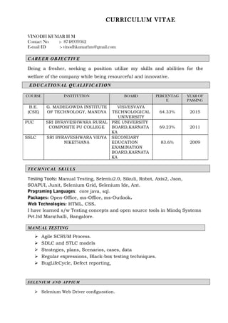 CURRICULUM VITAE
VINODH KUMAR H M
Contact No :- 8748939362
E-mail ID :- vinodhkumarhm@gmail.com
CAREER OBJECTIVECAREER OBJECTIVE
Being a fresher, seeking a position utilize my skills and abilities for the
welfare of the company while being resourceful and innovative.
EDUCATIONAL QUALIFICATIONEDUCATIONAL QUALIFICATION
TECHNICALTECHNICAL SKILLSSKILLS
Testing Tools: Manual Testing, Seleniu2.0, Sikuli, Robot, Axis2, Json,
SOAPUI, Junit, Selenium Grid, Selenium Ide, Ant.
Programing Languages: core java, sql.
Packages: Open-Office, ms-Office, ms-Outlook.
Web Technologies: HTML, CSS.
I have learned s/w Testing concepts and open source tools in Mindq Systems
Pvt.ltd Marathalli, Bangalore.
MANUAL TESTING
 Agile SCRUM Process.
 SDLC and STLC models
 Strategies, plans, Scenarios, cases, data
 Regular expressions, Black-box testing techniques.
 BugLifeCycle, Defect reporting.
SELENIUMSELENIUM ANDAND APPIUMAPPIUM
 Selenium Web Driver configuration.
COURSE INSTITUTION BOARD PERCENTAG
E
YEAR OF
PASSING
B.E.
(CSE)
G. MADEGOWDA INSTITUTE
OF TECHNOLOGY, MANDYA
VISVESVAYA
TECHNOLOGICAL
UNIVERSITY
64.33% 2015
PUC SRI BYRAVESHWARA RURAL
COMPOSITE PU COLLEGE
PRE UNIVERSITY
BOARD,KARNATA
KA
69.23% 2011
SSLC SRI BYRAVESHWARA VIDYA
NIKETHANA
SECONDARY
EDUCATION
EXAMINATION
BOARD,KARNATA
KA
83.6% 2009
 