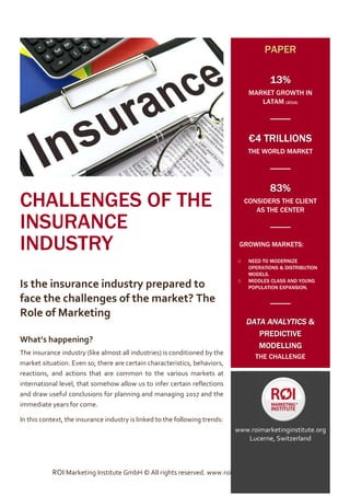 ROI Marketing Institute GmbH © All rights reserved. www.roimarketinginstitute.org
CHALLENGES OF THE
INSURANCE
INDUSTRY
Is the insurance industry prepared to
face the challenges of the market? The
Role of Marketing
What’s happening?
The insurance industry (like almost all industries) is conditioned by the
market situation. Even so, there are certain characteristics, behaviors,
reactions, and actions that are common to the various markets at
international level, that somehow allow us to infer certain reflections
and draw useful conclusions for planning and managing 2017 and the
immediate years for come.
In this context, the insurance industry is linked to the following trends:
PAPER
13%
MARKET GROWTH IN
LATAM (2014)
€4 TRILLIONS
THE WORLD MARKET
83%
CONSIDERS THE CLIENT
AS THE CENTER
GROWING MARKETS:
O NEED TO MODERNIZE
OPERATIONS & DISTRIBUTION
MODELS.
O MIDDLES CLASS AND YOUNG
POPULATION EXPANSION.
DATA ANALYTICS &
PREDICTIVE
MODELLING
THE CHALLENGE
www.roimarketinginstitute.org
Lucerne, Switzerland
 