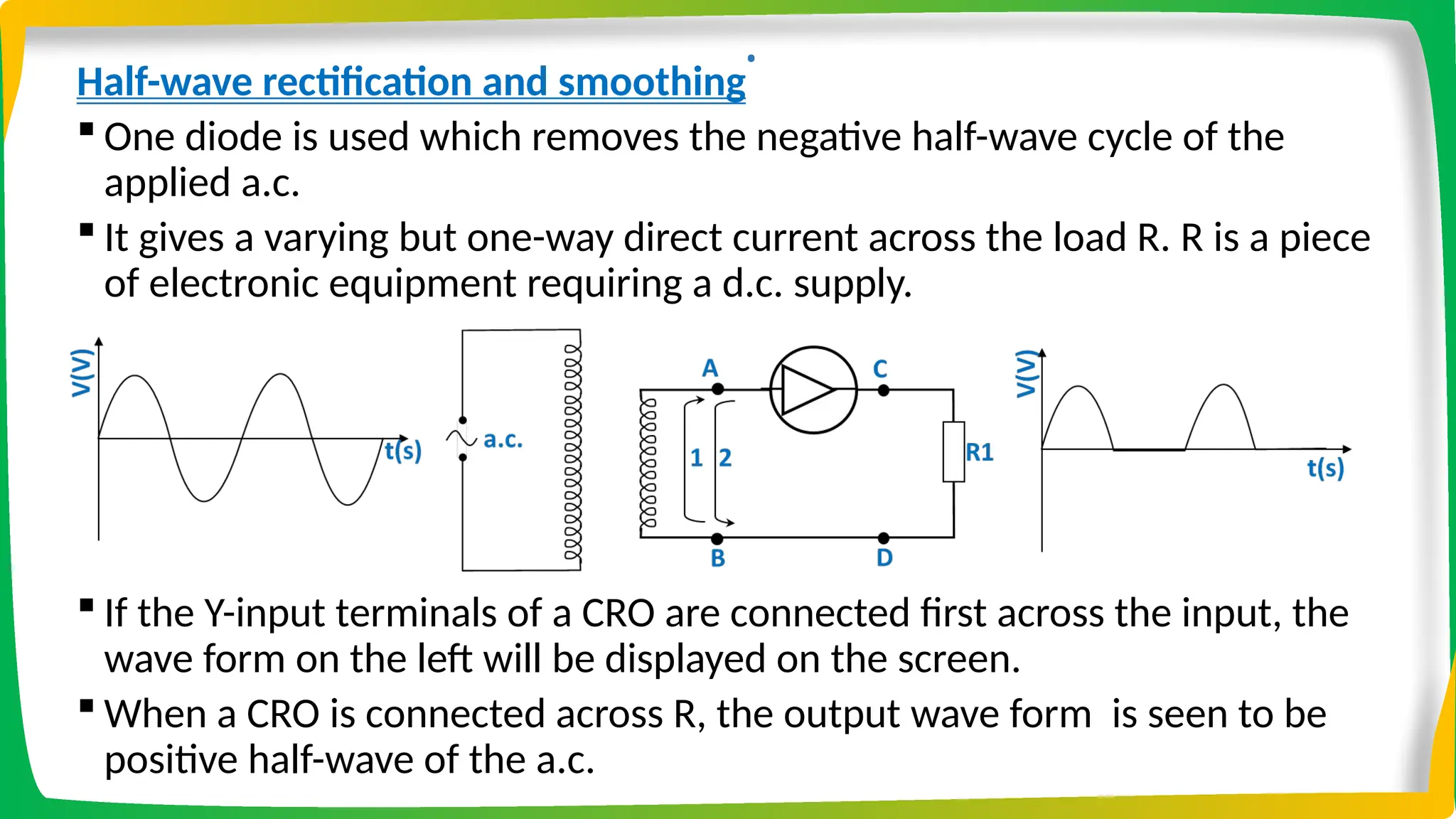 .
Half-wave rectification and smoothing
 One diode is used which removes the negative half-wave cycle of the
applied a.c.
 It gives a varying but one-way direct current across the load R. R is a piece
of electronic equipment requiring a d.c. supply.
 If the Y-input terminals of a CRO are connected first across the input, the
wave form on the left will be displayed on the screen.
 When a CRO is connected across R, the output wave form is seen to be
positive half-wave of the a.c.
 