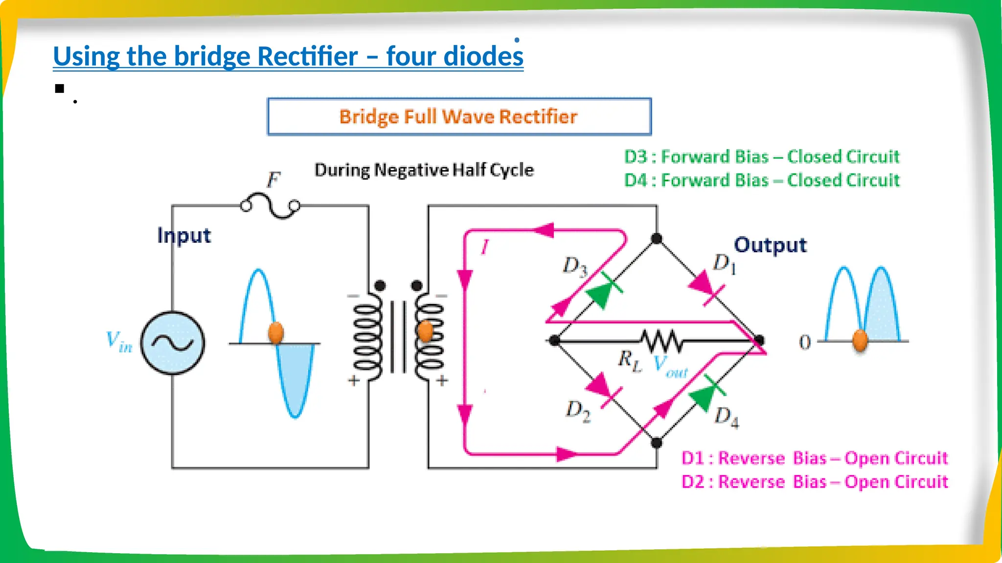 .
Using the bridge Rectifier – four diodes
 .
 