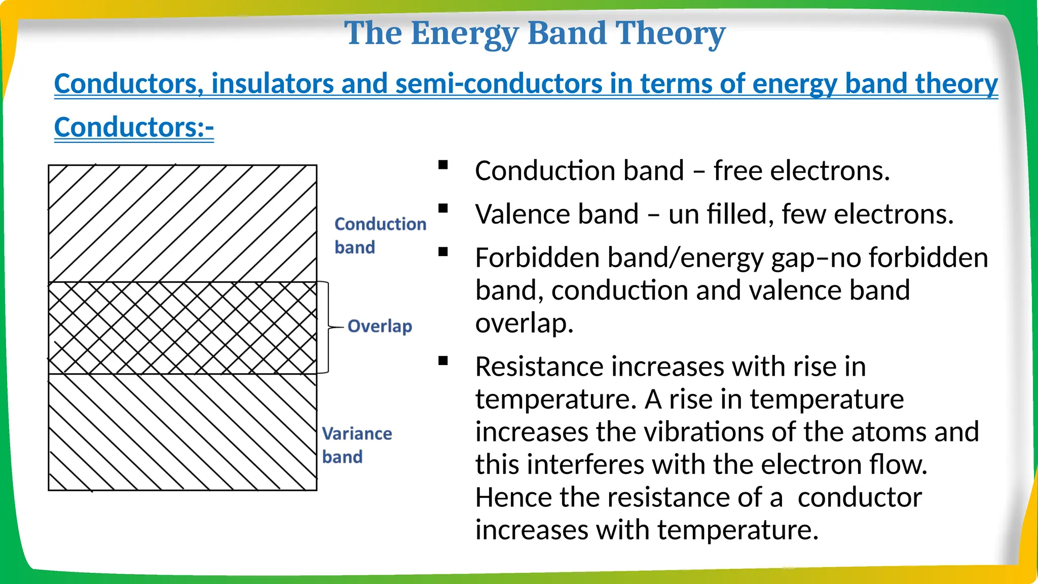The Energy Band Theory
Conductors, insulators and semi-conductors in terms of energy band theory
Conductors:-
 Conduction band – free electrons.
 Valence band – un filled, few electrons.
 Forbidden band/energy gap–no forbidden
band, conduction and valence band
overlap.
 Resistance increases with rise in
temperature. A rise in temperature
increases the vibrations of the atoms and
this interferes with the electron flow.
Hence the resistance of a conductor
increases with temperature.
 