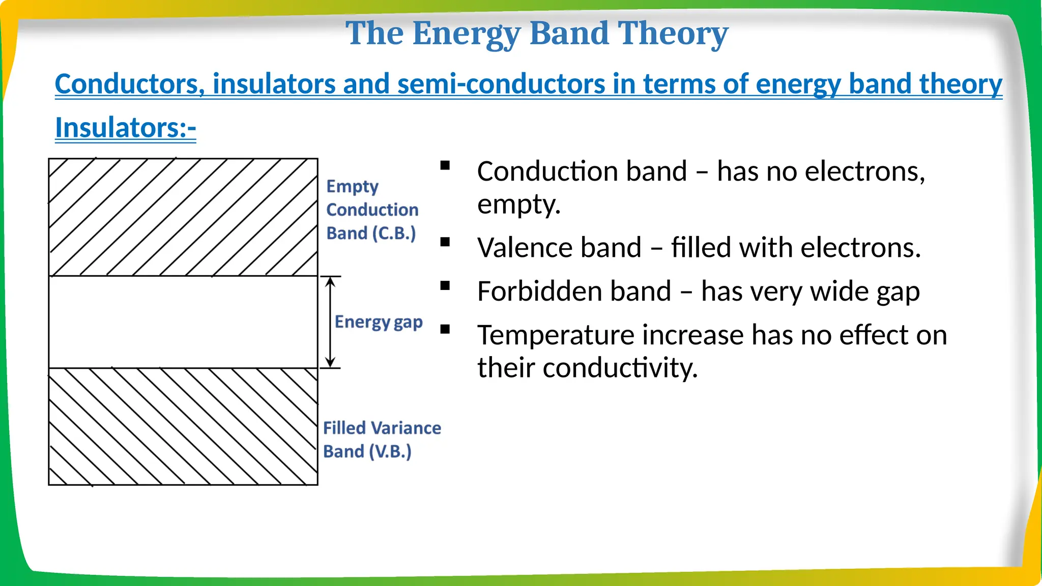The Energy Band Theory
Conductors, insulators and semi-conductors in terms of energy band theory
Insulators:-
 Conduction band – has no electrons,
empty.
 Valence band – filled with electrons.
 Forbidden band – has very wide gap
 Temperature increase has no effect on
their conductivity.
 