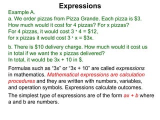 Example A.
a. We order pizzas from Pizza Grande. Each pizza is $3.
How much would it cost for 4 pizzas? For x pizzas?
For 4 pizzas, it would cost 3 * 4 = $12,
for x pizzas it would cost 3 * x = $3x.
b. There is $10 delivery charge. How much would it cost us
in total if we want the x pizzas delivered?
In total, it would be 3x + 10 in $.
Expressions
Formulas such as “3x” or “3x + 10” are called expressions
in mathematics. Mathematical expressions are calculation
procedures and they are written with numbers, variables,
and operation symbols. Expressions calculate outcomes.
The simplest type of expressions are of the form ax + b where
a and b are numbers.
 