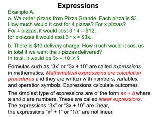 Example A.
a. We order pizzas from Pizza Grande. Each pizza is $3.
How much would it cost for 4 pizzas? For x pizzas?
For 4 pizzas, it would cost 3 * 4 = $12,
for x pizzas it would cost 3 * x = $3x.
b. There is $10 delivery charge. How much would it cost us
in total if we want the x pizzas delivered?
In total, it would be 3x + 10 in $
Expressions
Formulas such as “3x” or “3x + 10” are called expressions
in mathematics. Mathematical expressions are calculation
procedures and they are written with numbers, variables,
and operation symbols. Expressions calculate outcomes.
The simplest type of expressions are of the form ax + b where
a and b are numbers. These are called linear expressions.
The expressions “3x” or “3x + 10” are linear,
the expressions “x2 + 1” or “1/x” are not linear.
 