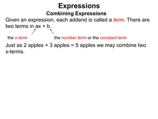Just as 2 apples + 3 apples = 5 apples we may combine two
x-terms.
Expressions
Combining Expressions
Given an expression, each addend is called a term. There are
two terms in ax + b.
the x-term the number term or the constant term
 