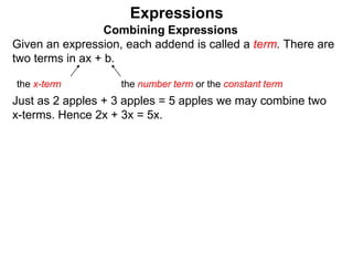 Just as 2 apples + 3 apples = 5 apples we may combine two
x-terms. Hence 2x + 3x = 5x.
Expressions
Combining Expressions
Given an expression, each addend is called a term. There are
two terms in ax + b.
the x-term the number term or the constant term
 