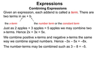 Just as 2 apples + 3 apples = 5 apples we may combine two
x-terms. Hence 2x + 3x = 5x.
We combine positive x-terms and negative x-terms the same
way we combine signed numbers. Hence –3x – 5x = –8x.
The number-terms may be combined such as 3 – 8 = –5.
Expressions
Combining Expressions
Given an expression, each addend is called a term. There are
two terms in ax + b.
the x-term the number term or the constant term
 