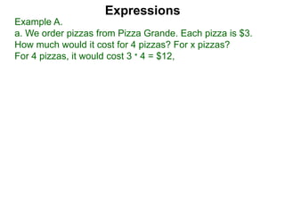 Example A.
a. We order pizzas from Pizza Grande. Each pizza is $3.
How much would it cost for 4 pizzas? For x pizzas?
For 4 pizzas, it would cost 3 * 4 = $12,
Expressions
 