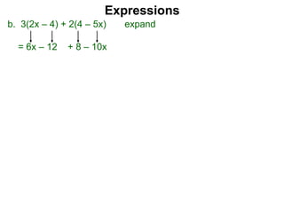 b. 3(2x – 4) + 2(4 – 5x) expand
= 6x – 12 + 8 – 10x
Expressions
 