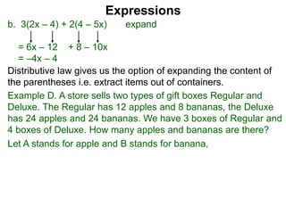 b. 3(2x – 4) + 2(4 – 5x) expand
= 6x – 12 + 8 – 10x
= –4x – 4
Expressions
Distributive law gives us the option of expanding the content of
the parentheses i.e. extract items out of containers.
Let A stands for apple and B stands for banana,
Example D. A store sells two types of gift boxes Regular and
Deluxe. The Regular has 12 apples and 8 bananas, the Deluxe
has 24 apples and 24 bananas. We have 3 boxes of Regular and
4 boxes of Deluxe. How many apples and bananas are there?
 