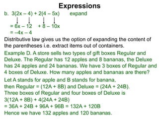 b. 3(2x – 4) + 2(4 – 5x) expand
= 6x – 12 + 8 – 10x
= –4x – 4
Expressions
Distributive law gives us the option of expanding the content of
the parentheses i.e. extract items out of containers.
Let A stands for apple and B stands for banana,
then Regular = (12A + 8B) and Deluxe = (24A + 24B).
Three boxes of Regular and four boxes of Deluxe is
3(12A + 8B) + 4(24A + 24B)
= 36A + 24B + 96A + 96B = 132A + 120B
Hence we have 132 apples and 120 bananas.
Example D. A store sells two types of gift boxes Regular and
Deluxe. The Regular has 12 apples and 8 bananas, the Deluxe
has 24 apples and 24 bananas. We have 3 boxes of Regular and
4 boxes of Deluxe. How many apples and bananas are there?
 