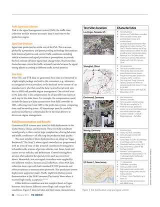 TraﬃcSignalDataCollection
Tied to the signal management system (SMS), the traffic data
collection module streams necessary data in real time to the
prediction engine.
SignalStatePrediction
Signal state prediction lies at the core of the PSA. This is accom-
plished by a proprietary and patent-pending technology that analyzes
both historical patterns and current traffic conditions including
vehicle actuations and signal priorities or preemptions, to provide
the best estimate of future signal state change times. Real-time data
fusion becomes crucial for traffic-actuated controls because the signal
timing adjusts according to different traffic arrival patterns.
DataRelay
After TTG and TTR data are generated, these data are formatted in
a light-weight package and sent to the consumers, e.g., telematics
or navigation service providers, or the backend server system of car
manufacturers who then send the data via wireless network into
the car HMI and possible engine management. One critical issue
in the data relay is the compensation for all possible time lapses at
each step in this data chain. For example, the compensation could
include the latency of data transmission from field controller to
SMS, collecting time from SMS to the prediction system, computing
time, and forwarding times. All timestamps must be carefully
analyzed and latency compensated for in the final delivery to
drivers or engine management.
Field Demonstration and Results
Customized PSA systems were tested in field deployments in the
United States, China, and Germany. These test field conditions
varied greatly in their control logic complexities, driving behavior,
and traffic conditions—all affecting the prediction data quality.
The most notable of these deployments is set along Las Vegas
Boulevard (“The Strip”), where signal controllers are programmed
with an array of time-of-day actuated-coordinated timing plans
to handle traffic streams of private vehicles, tour buses, hotel and
casino service vehicles, and pedestrians. Control timing plans
are also often adjusted for special events such as concerts or
shows. Meanwhile, test area signal controllers were supplied by
two different vendors, Siemens and TrafficWare, where PSA data
collection must cope with both standard NTCIP protocols and
other proprietary communication protocols. This prediction system
deployment supported Audi’s Traffic Light Info Online system
demonstration at the 2014 Consumer Electronics Show where it
received high media acceptance.14,15,16
Other field test conditions are less complex than Las Vegas;
however, they feature different control logic and unique local
conditions. Figure 3 shows all sites and their main characteristics.
Test Sites location Characteristics
Las Vegas, Nevada, US 50 intersections
Siemens and TraﬃcWare controllers
Semi-actuated control, with
protected/permissive and
overlap phases
LasVegas Boulevard between Man-
dalay Bay and Sahara Avenue (“The
Strip”); Paradise Avenue, and all sig-
nalized intersections within this area
as well as seven intersections along
Flamingo St toThe Palms Hotel.
Continuous running; ﬁeld demon-
stration with Audi AG (January
2014)
Shanghai, China 14 intersections
Two local controller vendors
Time-of-day ﬁxed control, with
protected/permissive phases
Frequent timing plan updates for
changing traﬃc conditions
Test route near Tongji University
Jiading Campus and three on-
campus signals (not shown in map
to the left)
Field demonstration with Audi AG
(November 2014)
Dortmund, Germany One intersection
Siemens controller
Semi-actuated control running
TRELAN and compiled for TL
Proof-of-concept: prediction
system ran on archived signal state
and vehicle detection data
Location: Südwall – Ostwall /
Kleppingstrasse – Ruhrallee
Merzig, Germany 4 intersections
Swarco ACTROS controllers
Semi-actuated control with
transit priority
Control logic in LISA+ of Schlothaus-
er andWauer and thus in OML
Scheduled ﬁeld test in May 2015
Data streamed to a ﬂeet of the
Car2Saar testbed
Gaswerk / Lothringerstrasse;
Hochfallstraße / Bauerstraße; L174
/ Lothringerstraße; Rieﬀstraße /
Lothringerstraße
US Route 1, New Jersey 11 intersections
TraﬃcWare controllers
Semi-actuated control
High speed travel corridor with
large trucks posing safety risks for
trailing vehicles
US Route 1 from Plainﬁeld Ave to
Green St
Lab test and ﬁeld demonstration
with BMW Group
Figure 3. Test field location setup and signal controls
ImagescourtesyofHeuschBoesefeldtAmerica
40 February 2015 ite journal
 