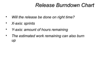 Release Burndown ChartRelease Burndown Chart
 Will the release be done on right time?
 X-axis: sprints
 Y-axis: amount of hours remaining
 The estimated work remaining can also burn
up
 