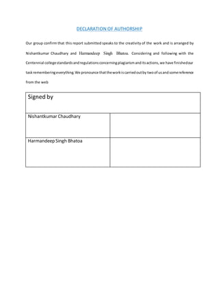 DECLARATION OF AUTHORSHIP
Our group confirm that this report submitted speaks to the creativity of the work and is arranged by
Nishantkumar Chaudhary and Harmandeep Singh Bhatoa. Considering and following with the
Centennial collegestandardsandregulationsconcerningplagiarismanditsactions,we have finishedour
taskrememberingeverything.We pronounce thattheworkiscarriedoutby twoof usandsomereference
from the web
Signed by
Nishantkumar Chaudhary
Harmandeep Singh Bhatoa
 