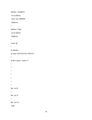 76
interface Serial0/0/1
no ip address
clock rate 2000000
shutdown
!
interface Vlan1
no ip address
shutdown
!
router rip
!
ip classless
ip route 0.0.0.0 0.0.0.0 100.0.0.1
!
ip flow-export version 9
!
!
!
!
!
!
!
line con 0
!
line aux 0
!
line vty 0 4
login
 