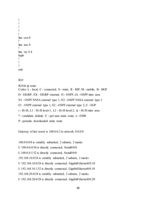 80
!
!
!
!
!
line con 0
!
line aux 0
!
line vty 0 4
login
!
!
!
end
R2#
R2#sh ip route
Codes: L - local, C - connected, S - static, R - RIP, M - mobile, B - BGP
D - EIGRP, EX - EIGRP external, O - OSPF, IA - OSPF inter area
N1 - OSPF NSSA external type 1, N2 - OSPF NSSA external type 2
E1 - OSPF external type 1, E2 - OSPF external type 2, E - EGP
i - IS-IS, L1 - IS-IS level-1, L2 - IS-IS level-2, ia - IS-IS inter area
* - candidate default, U - per-user static route, o - ODR
P - periodic downloaded static route
Gateway of last resort is 100.0.0.2 to network 0.0.0.0
100.0.0.0/8 is variably subnetted, 2 subnets, 2 masks
C 100.0.0.0/30 is directly connected, Serial0/0/0
L 100.0.0.1/32 is directly connected, Serial0/0/0
192.168.10.0/24 is variably subnetted, 2 subnets, 2 masks
C 192.168.10.0/28 is directly connected, GigabitEthernet0/0.10
L 192.168.10.1/32 is directly connected, GigabitEthernet0/0.10
192.168.20.0/24 is variably subnetted, 2 subnets, 2 masks
C 192.168.20.0/28 is directly connected, GigabitEthernet0/0.20
 