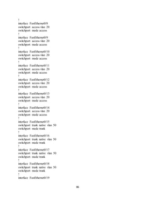 86
!
interface FastEthernet0/8
switchport access vlan 20
switchport mode access
!
interface FastEthernet0/9
switchport access vlan 20
switchport mode access
!
interface FastEthernet0/10
switchport access vlan 20
switchport mode access
!
interface FastEthernet0/11
switchport access vlan 20
switchport mode access
!
interface FastEthernet0/12
switchport access vlan 20
switchport mode access
!
interface FastEthernet0/13
switchport access vlan 20
switchport mode access
!
interface FastEthernet0/14
switchport access vlan 20
switchport mode access
!
interface FastEthernet0/15
switchport trunk native vlan 50
switchport mode trunk
!
interface FastEthernet0/16
switchport trunk native vlan 50
switchport mode trunk
!
interface FastEthernet0/17
switchport trunk native vlan 50
switchport mode trunk
!
interface FastEthernet0/18
switchport trunk native vlan 50
switchport mode trunk
!
interface FastEthernet0/19
 