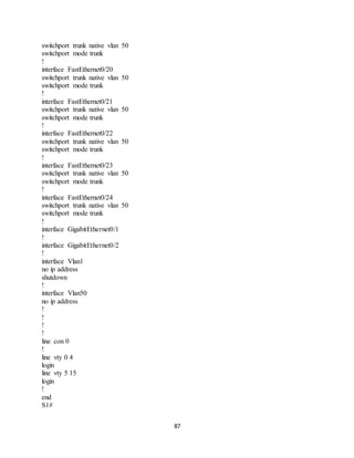 87
switchport trunk native vlan 50
switchport mode trunk
!
interface FastEthernet0/20
switchport trunk native vlan 50
switchport mode trunk
!
interface FastEthernet0/21
switchport trunk native vlan 50
switchport mode trunk
!
interface FastEthernet0/22
switchport trunk native vlan 50
switchport mode trunk
!
interface FastEthernet0/23
switchport trunk native vlan 50
switchport mode trunk
!
interface FastEthernet0/24
switchport trunk native vlan 50
switchport mode trunk
!
interface GigabitEthernet0/1
!
interface GigabitEthernet0/2
!
interface Vlan1
no ip address
shutdown
!
interface Vlan50
no ip address
!
!
!
!
line con 0
!
line vty 0 4
login
line vty 5 15
login
!
end
S1#
 