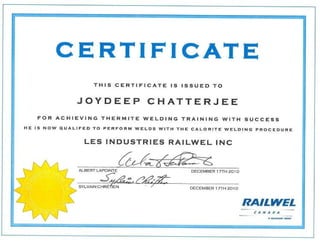 Railwel Canada Calorite Welding Process Certificate