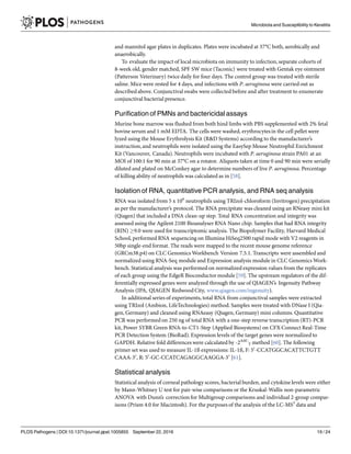 and mannitol agar plates in duplicates. Plates were incubated at 37°C both, aerobically and
anaerobically.
To evaluate the impact of local microbiota on immunity to infection, separate cohorts of
8-week old, gender matched, SPF SW mice (Taconic) were treated with Gentak eye ointment
(Patterson Veterinary) twice daily for four days. The control group was treated with sterile
saline. Mice were rested for 4 days, and infections with P. aeruginosa were carried out as
describedabove. Conjunctival swabs were collected before and after treatment to enumerate
conjunctival bacterial presence.
Purification of PMNs and bactericidal assays
Murine bone marrow was flushed from both hind limbs with PBS supplemented with 2% fetal
bovine serum and 1 mM EDTA. The cells were washed, erythrocytesin the cell pellet were
lyzed using the Mouse Erythrolysis Kit (R&D Systems) according to the manufacturer’s
instruction, and neutrophils were isolated using the EasySep Mouse Neutrophil Enrichment
Kit (Vancouver, Canada). Neutrophils were incubated with P. aeruginosa strain PA01 at an
MOI of 100:1 for 90 min at 37°C on a rotator. Aliquots taken at time 0 and 90 min were serially
diluted and plated on McConkey agar to determine numbers of live P. aeruginosa. Percentage
of killing ability of neutrophils was calculated as in [58].
Isolation of RNA, quantitative PCR analysis, and RNA seq analysis
RNA was isolated from 5 x 106
neutrophils using TRIzol-chloroform (Invitrogen) precipitation
as per the manufacturer’s protocol. The RNA precipitate was cleaned using an RNeasy mini kit
(Qiagen) that included a DNA clean-up step. Total RNA concentration and integrity was
assessed using the Agilent 2100 Bioanalyser RNA Nano chip. Samples that had RNA integrity
(RIN) !9.0 were used for transcriptomic analysis. The Biopolymer Facility, Harvard Medical
School, performed RNA sequencing on Illumina HiSeq2500 rapid mode with V2 reagents in
50bp single-end format. The reads were mapped to the recent mouse genome reference
(GRCm38.p4) on CLC Genomics Workbench Version 7.5.1. Transcripts were assembled and
normalized using RNA-Seq module and Expression analysis module in CLC Genomics Work-
bench. Statistical analysis was performed on normalized expression values from the replicates
of each group using the EdgeR Bioconductor module [59]. The upstream regulators of the dif-
ferentially expressed genes were analyzed through the use of QIAGEN’s Ingenuity Pathway
Analysis (IPA, QIAGEN Redwood City, www.qiagen.com/ingenuity).
In additional series of experiments, total RNA from conjunctival samples were extracted
using TRIzol (Ambion, LifeTechnologies) method. Samples were treated with DNase I (Qia-
gen, Germany) and cleaned using RNAeasy (Qiagen, Germany) mini columns. Quantitative
PCR was performed on 250 ng of total RNA with a one-step reverse transcription (RT)-PCR
kit, Power SYBR Green RNA-to-CT1-Step (Applied Biosystems) on CFX Connect Real-Time
PCR Detection System (BioRad). Expression levels of the target genes were normalized to
GAPDH. Relative fold differences were calculated by -2ΔΔC
T method [60]. The following
primer set was used to measure IL-1ß expressions: IL-1ß, F: 50
-CCATGGCACATTCTGTT
CAAA-30
, R: 50
-GC-CCATCAGAGGCAAGGA-30
[61].
Statistical analysis
Statistical analysis of corneal pathology scores, bacterial burden, and cytokine levels were either
by Mann-Whitney U test for pair-wise comparisons or the Kruskal-Wallis non-parametric
ANOVA with Dunn’s correction for Multigroup comparisons and individual 2-group compar-
isons (Prism 4.0 for Macintosh). For the purposes of the analysis of the LC-MS3
data and
Microbiota and Susceptibility to Keratitis
PLOS Pathogens | DOI:10.1371/journal.ppat.1005855 September 22, 2016 19 / 24
 