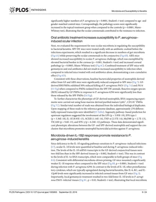 significantly higher numbers of P. aeruginosa (p = 0.0001, Student’s t-test) compared to age- and
gender-matched control mice. Correspondingly, the pathology scores were significantly
increased in the topical treatment group when compared to the controls (p = 0.0001, Mann-
Whitney test), illustrating that the ocular commensals contributed to the resistance to infection.
Oral antibiotic treatment increases susceptibility to P. aeruginosa–
induced ocular infection
Next, we evaluated the requirement for non-ocular microbiota in regulating the susceptibility
to bacterial keratitis. SPF SW mice were treated orally with an antibiotic cocktail before the
infections experiments, which resulted in a significant decrease in numbers of gut microbiota
(Fig 6A) while preserving the ocular commensals in the conjunctiva (Fig 6B). ABX mice
showed increased susceptibility to ocular P. aeruginosa challenge, which was exemplified by
elevated bacterial burden in the corneas (p = 0.001, Student’s t-test) and increased corneal
pathology (p = 0.0005, Mann-Whitney test) (Fig 6C). Combined treatment of SPF mice with
gentamycin and oral antibiotics did not result in increased susceptibility to infection when
compared to infected mice treated with oral antibiotics alone, demonstrating a non-cumulative
effect (Fig 6D).
Consistent with these observations, baseline bactericidalproperties of neutrophils derived
either from GF and ABX mice were significantly reduced compared to SPF mice (Fig 7). GF-
derived BM PMNs exhibited 50% reduced killing of P. aeruginosa PAO1 (Fig 7A) and PA14
(S3 Fig) when compared to PMNs isolated from the SPF SW animals. Reactive oxygen species
(ROS) released by GF PMNs in response to P. aeruginosa 6294 were significantly less than
those released by the SPF PMNs (S4 Fig).
To further characterize the phenotype of GF-derived neutrophils, RNA sequencing experi-
ments were carried out using bone marrow derived purified mature Ly6G+
, CD11b+
PMNs
(Fig 7C). Similar total number of reads was obtained from the individual biological duplicates.
Upon mapping of these reads to the reference genome database, approximately 270 differen-
tially expressed transcripts were identified (S5 Table). Ingenuity pathway–based prediction for
upstream regulators suggested the involvement of the LPS (p = 5.95E-19), IFN type 1
(p = 3.36E-18), IL-1ß (8.93E-15), ACKR (1.16E-14), TNF-α (2.57E-14), MyD88 (p = 2.7E-13),
TICAM (p = 9.6E-13), and IFN-γ (p = 6.24E-12) pathways. These data demonstrated signifi-
cant phenotypic alterations between the GF- and SPF-derived neutrophils and support the con-
clusion that microbiota promotes neutrophil bactericidalactivities against P. aeruginosa.
Microbiota-drivenIL-1Ββ responses promote resistance to P.
aeruginosa–inducedkeratitis
Since deficiencyin the IL-1ß signaling pathways sensitizes to P. aeruginosa–induced infections
[27], ocular IL-1ß levels were quantified at baseline and during P. aeruginosa-induced infec-
tion. The levels of the IL-1ß mRNA transcripts in the GF-derived conjunctival tissues were
two-fold less than in the SPF-derived tissues (p = 0.002, Student’s t-test). This was in contrast
to the levels of IL-1α RNA transcripts, which were comparable in both groups of mice (Fig
8A). Consistent with differential microbiota-driven priming, GF mice mounted a significantly
weaker IL-1ß response when compared to the SPF mice (Fig 8B, p = 0.0001, Student’s t-test)
during infection with P. aeruginosa 6294. In contrast to the levels of IL-1ß, other proinflamma-
tory cytokines, which are typically upregulated during bacterial keratitis, like IL-6, KC, and IL-
12p40 levels were significantly increased in infected corneal tissues from GF mice (Fig 3).
Importantly, local gentamycin treatment resulted in two-fold lower IL-1ß levels in P. aerugi-
nosa PAO1-infected tissues (Fig 8C, p = 0.02, Student’s t-test), illustrating that local microbiota
Microbiota and Susceptibility to Keratitis
PLOS Pathogens | DOI:10.1371/journal.ppat.1005855 September 22, 2016 9 / 24
 