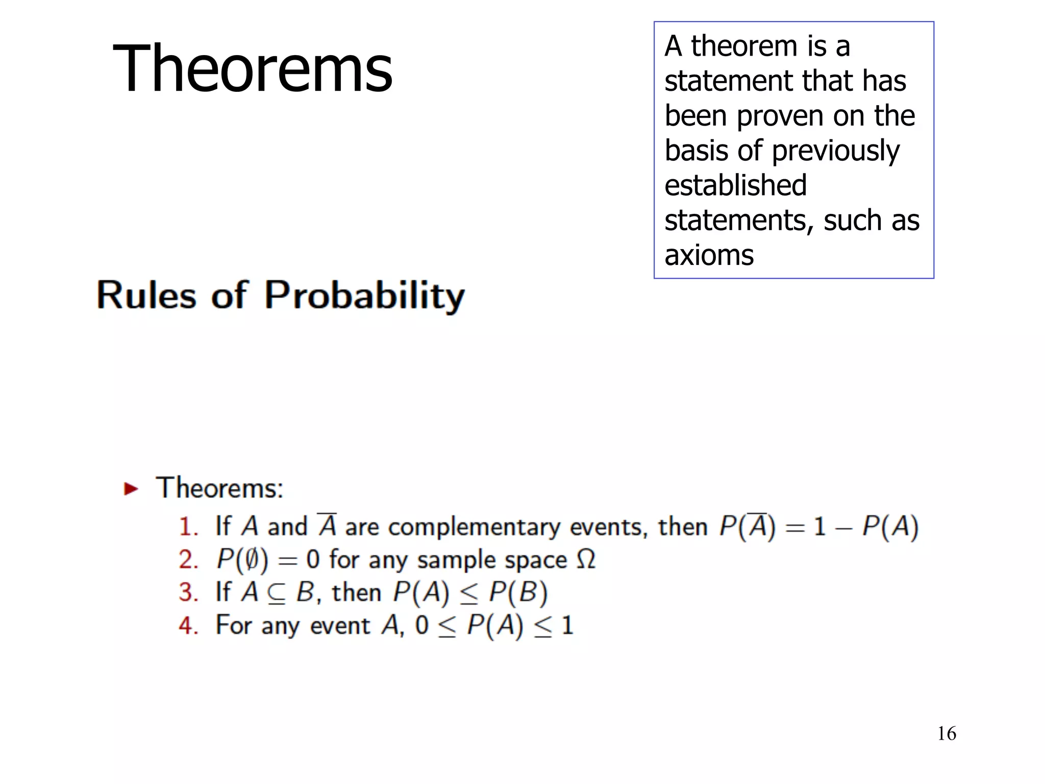 Theorems
16
A theorem is a
statement that has
been proven on the
basis of previously
established
statements, such as
axioms
 