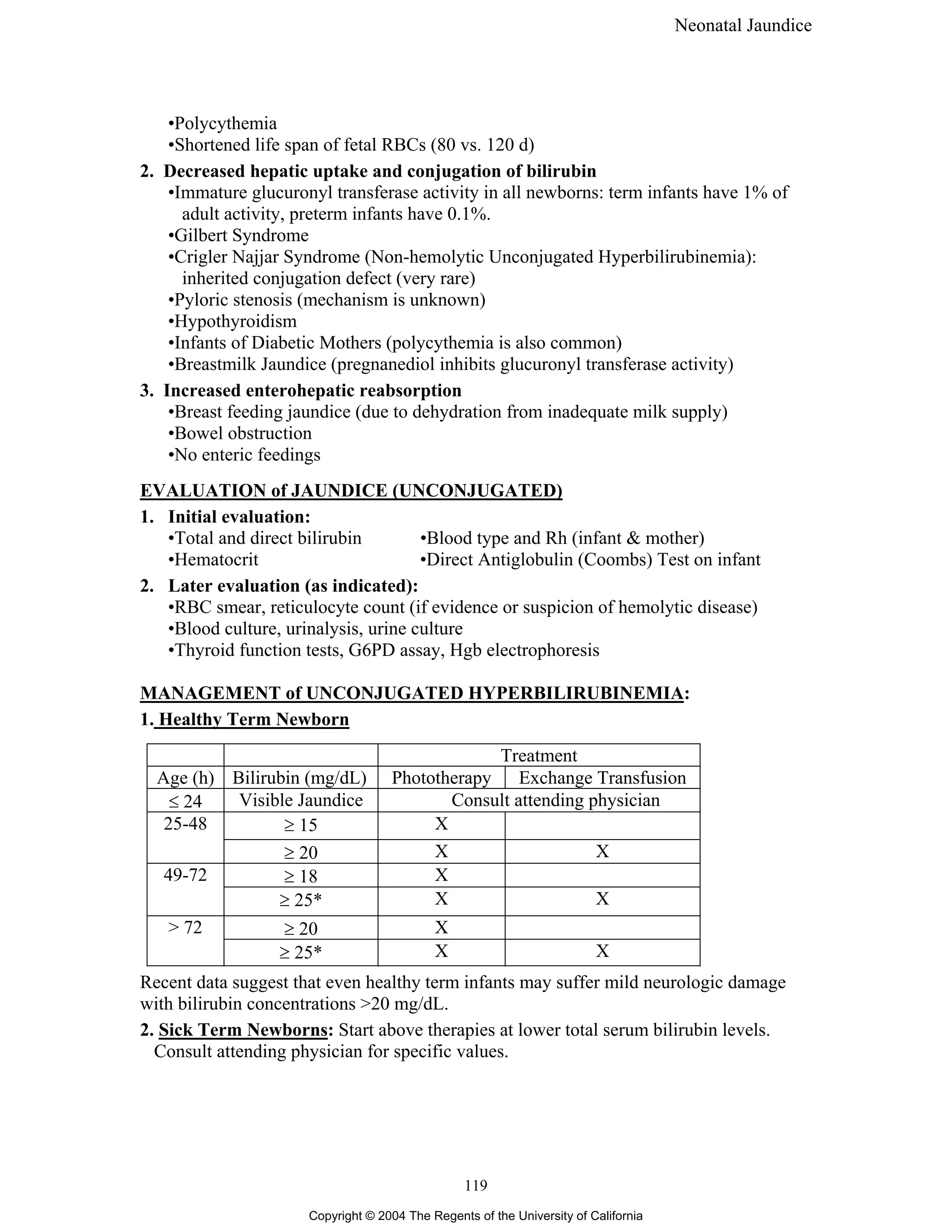 Neonatal Jaundice
119
Copyright © 2004 The Regents of the University of California
•Polycythemia
•Shortened life span of fetal RBCs (80 vs. 120 d)
2. Decreased hepatic uptake and conjugation of bilirubin
•Immature glucuronyl transferase activity in all newborns: term infants have 1% of
adult activity, preterm infants have 0.1%.
•Gilbert Syndrome
•Crigler Najjar Syndrome (Non-hemolytic Unconjugated Hyperbilirubinemia):
inherited conjugation defect (very rare)
•Pyloric stenosis (mechanism is unknown)
•Hypothyroidism
•Infants of Diabetic Mothers (polycythemia is also common)
•Breastmilk Jaundice (pregnanediol inhibits glucuronyl transferase activity)
3. Increased enterohepatic reabsorption
•Breast feeding jaundice (due to dehydration from inadequate milk supply)
•Bowel obstruction
•No enteric feedings
EVALUATION of JAUNDICE (UNCONJUGATED)
1. Initial evaluation:
•Total and direct bilirubin •Blood type and Rh (infant & mother)
•Hematocrit •Direct Antiglobulin (Coombs) Test on infant
2. Later evaluation (as indicated):
•RBC smear, reticulocyte count (if evidence or suspicion of hemolytic disease)
•Blood culture, urinalysis, urine culture
•Thyroid function tests, G6PD assay, Hgb electrophoresis
MANAGEMENT of UNCONJUGATED HYPERBILIRUBINEMIA:
1. Healthy Term Newborn
Treatment
Age (h) Bilirubin (mg/dL) Phototherapy Exchange Transfusion
≤ 24 Visible Jaundice Consult attending physician
≥ 15 X
25-48
≥ 20 X X
≥ 18 X
49-72
≥ 25* X X
≥ 20 X
> 72
≥ 25* X X
Recent data suggest that even healthy term infants may suffer mild neurologic damage
with bilirubin concentrations >20 mg/dL.
2. Sick Term Newborns: Start above therapies at lower total serum bilirubin levels.
Consult attending physician for specific values.
 