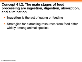 © 2014 Pearson Education, Inc.
Concept 41.2: The main stages of food
processing are ingestion, digestion, absorption,
and elimination
 Ingestion is the act of eating or feeding
 Strategies for extracting resources from food differ
widely among animal species
 