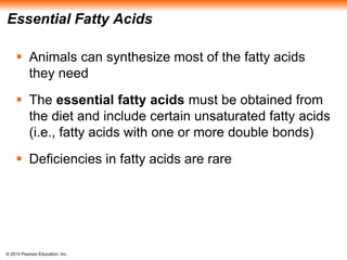 © 2014 Pearson Education, Inc.
Essential Fatty Acids
 Animals can synthesize most of the fatty acids
they need
 The essential fatty acids must be obtained from
the diet and include certain unsaturated fatty acids
(i.e., fatty acids with one or more double bonds)
 Deficiencies in fatty acids are rare
 