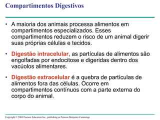 Copyright © 2008 Pearson Education Inc., publishing as Pearson Benjamin Cummings
Compartimentos Digestivos
• A maioria dos animais processa alimentos em
compartimentos especializados. Esses
compartimentos reduzem o risco de um animal digerir
suas próprias células e tecidos.
• Digestão intracelular, as partículas de alimentos são
engolfadas por endocitose e digeridas dentro dos
vacúolos alimentares.
• Digestão extracelular é a quebra de partículas de
alimentos fora das células. Ocorre em
compartimentos contínuos com a parte externa do
corpo do animal.
 