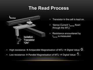 The Read Process
• Transistor in the cell is kept on.
• „Sense Current‟ Isense flown
through the MTJ.
• Resistance encountered by
Isense is measured.

• High resistance  Antiparallel Magnetisation of MTJ  Digital Value „0‟.

1

• Low resistance  Parallel Magnetisation of MTJ  Digital Value „ ‟.

 