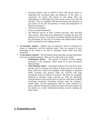 o Securities brokers work on behalf of firms with private clients to
understand the investment plans and objectives of the client i.e.
expectation for returns and interest in risk taking. They are
representatives of brokerage firms and execute orsers to buy and sell
securities. They are equipped with both knowledge and experience to
give advice on the sale and purchase of scrips and management of
financial investments.
o Advise for investments.
o Carry out market transactions.
o The financial services in firms’ concerns pre-sales, sales and after
sales services. These firms have departments to manage the sales and
trading for the owners of securities, investment banking for firms and
the government for the issue of securities and capital markets which
form an essential arm for trading activities.
 As Securities Analysts – Brokers may be required to advise on floatation of
shares in conjunction with the merchant banks. They are expected to have
knowledge of the market to be able to anticipate certain trends and make
predictions.
 As Investment Analysts – The Investment Analyst provides accurate information
to investors and fund managers. There are two major roles as an analyst.
o Institutional Analyst – The process of analysis involves making
predictions of the company’s future based on its past and present
financial status.
o Stock Broking Analyst – Investment Analysts work with firms which
provide advice on buying and selling of shares and also with those
firms which have funds to be managed. Fund managers in merchant
banks, insurance and pension funds are involved with huge
investments made by millions of investors. The funds are eventually
disbursed as insurance claims, pensions etc. They are specialized
financial advisors who provide advise on the how and where of details
concerning investment. Investment Analysts study the company’s
annual report; visit the organization, interview senior executives to
assess statistical information, profits and import and export figures for
the industry as a whole. Institutional analysis involves studying the
entire sector.
2. Transaction cycle
6
 