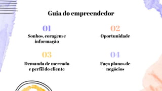 Sonhos, coragem e
informação
Demanda de mercado
e perfil do cliente
Faça planos de
negócios
01
Oportunidade
02
03 04
Guia do empreendedor
 