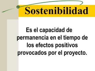 Sostenibilidad
Es el capacidad de
permanencia en el tiempo de
los efectos positivos
provocados por el proyecto.
 