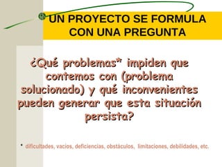 UN PROYECTO SE FORMULA
CON UNA PREGUNTA
¿Qué problemas* impiden que¿Qué problemas* impiden que
contemos con (problemacontemos con (problema
solucionado) y qué inconvenientessolucionado) y qué inconvenientes
pueden generar que esta situaciónpueden generar que esta situación
persista?persista?
* dificultades, vacíos, deficiencias, obstáculos, limitaciones, debilidades, etc.
 