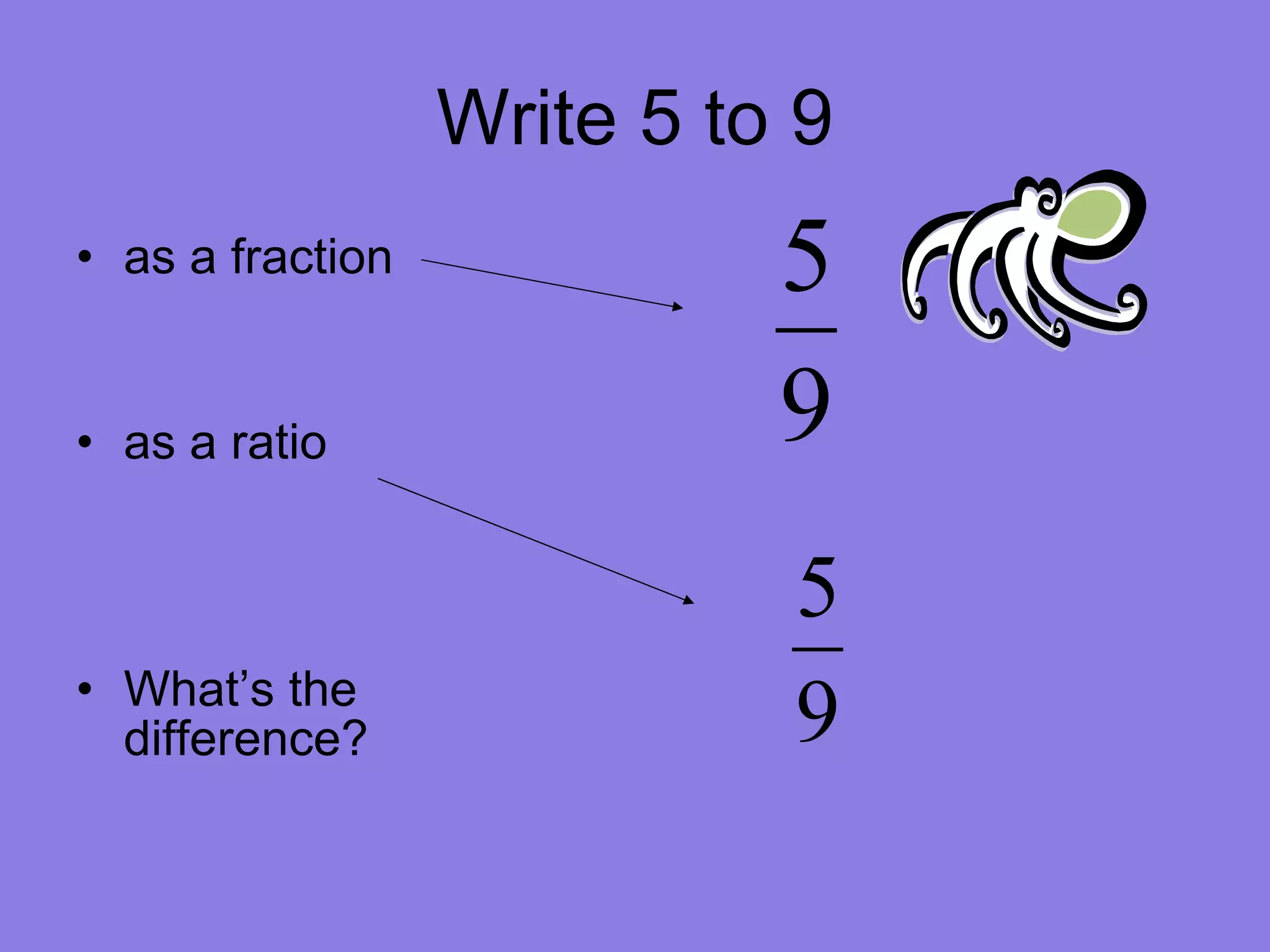 Write 5 to 9 as a fraction as a ratio What’s the difference?