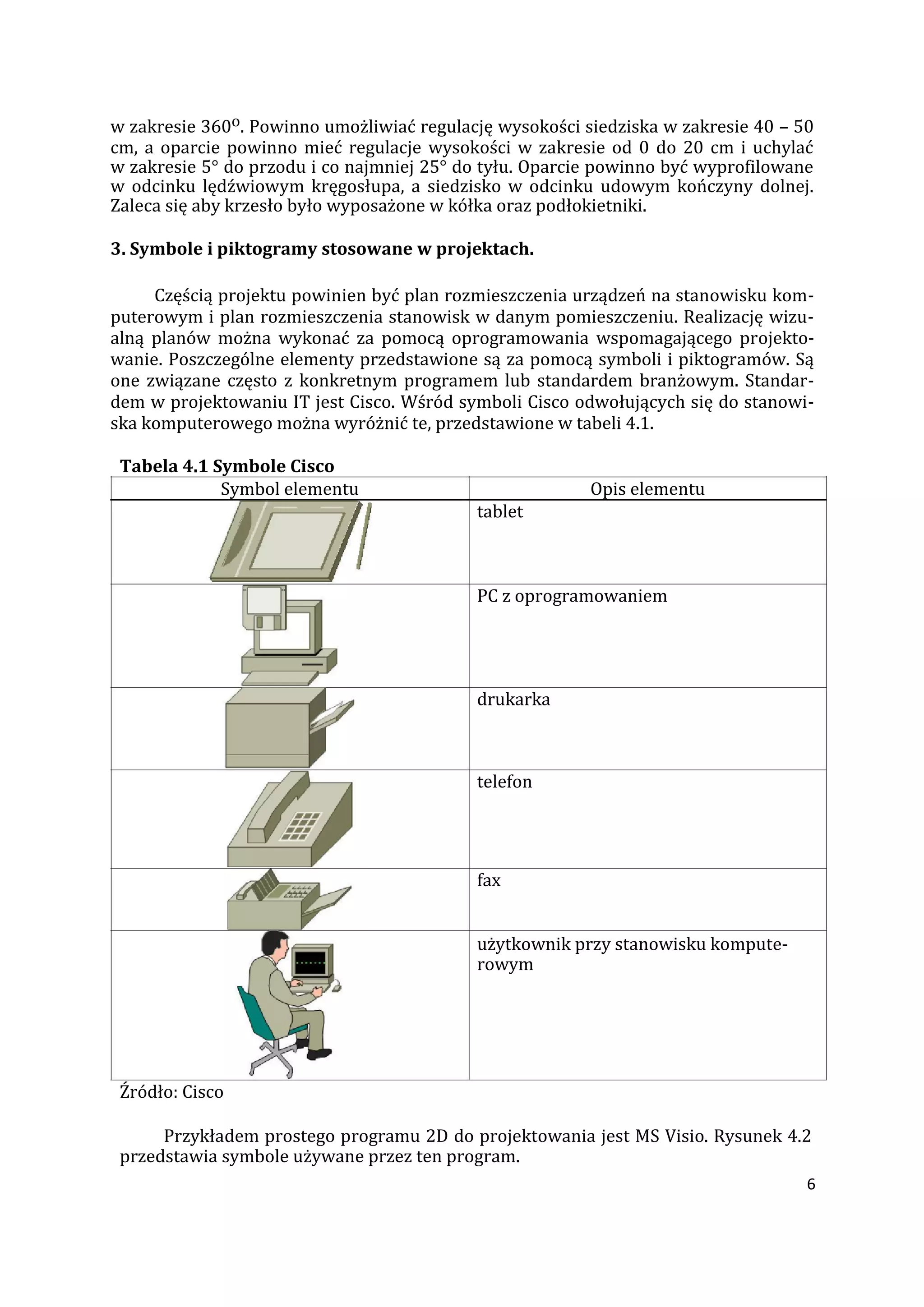 6
w zakresie 360o. Powinno umożliwiać regulację wysokości siedziska w zakresie 40 – 50
cm, a oparcie powinno mieć regulacje wysokości w zakresie od 0 do 20 cm i uchylać
w zakresie 5° do przodu i co najmniej 25° do tyłu. Oparcie powinno być wyprofilowane
w odcinku lędźwiowym kręgosłupa, a siedzisko w odcinku udowym kończyny dolnej.
Zaleca się aby krzesło było wyposażone w kółka oraz podłokietniki.
3. Symbole i piktogramy stosowane w projektach.
Częścią projektu powinien być plan rozmieszczenia urządzeń na stanowisku kom-
puterowym i plan rozmieszczenia stanowisk w danym pomieszczeniu. Realizację wizu-
alną planów można wykonać za pomocą oprogramowania wspomagającego projekto-
wanie. Poszczególne elementy przedstawione są za pomocą symboli i piktogramów. Są
one związane często z konkretnym programem lub standardem branżowym. Standar-
dem w projektowaniu IT jest Cisco. Wśród symboli Cisco odwołujących się do stanowi-
ska komputerowego można wyróżnić te, przedstawione w tabeli 4.1.
Tabela 4.1 Symbole Cisco
Symbol elementu Opis elementu
tablet
PC z oprogramowaniem
drukarka
telefon
fax
użytkownik przy stanowisku kompute-
rowym
Źródło: Cisco
Przykładem prostego programu 2D do projektowania jest MS Visio. Rysunek 4.2
przedstawia symbole używane przez ten program.
 