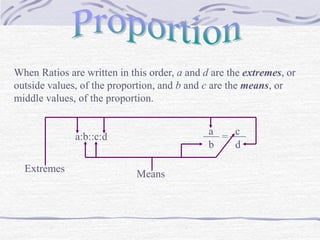 a:b::c:d
a___ ___
=
b
c
d
When Ratios are written in this order, a and d are the extremes, or
outside values, of the proportion, and b and c are the means, or
middle values, of the proportion.
Extremes
Means
 