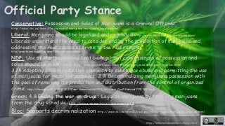 http://unschedulecannabis.blogspot.ca 
Official Party Stance 
Conservative: Possession and Sales of Marijuana is a Crimina...