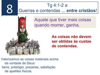 11
4.5 - 5 passos quando temos o
“Espírito que Ele fez habitar em nós”
1) 4.7 Sujeitar-se a Deus: ouvir e obedecer.
2) 4.8a Aproximar-se de Deus: com oração.
3) 4.8b Purificar-se: “mãos” se refere a ações, “mente”
a motivos e desejos (impureza).
4) 4.9 Tristeza pelo pecado: chorar, arrependimento.
5) 4.10 Humilhar-se: permitir que o Espirito Santo atue.
 