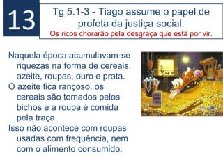 35
17 SOBRE A ORAÇÃO
5.13,15 O contexto trata da cura, realizada por Deus, do
sofrimento consequencia do pecado (feliz x infeliz).
5.14 Determinadas situações não podemos resolver
sozinhos, precisamos de ajuda.
Os diáconos / pastores orarão com ele, em
solidariedade, ele reconhecerá seu pecado,
confessará a Deus em oração e se arrependerá.
O óleo naquela época era associado à cura de doenças.
Tiago não está falando de qualquer enfermidade.
Cura associada ao perdão dos pecados.
Quando há um pecado com implicações para o
testemunho da igreja, os diácono/pastores ouvirão
“publicamente” seu arrependimento.
5.16 Resolver o problema com a pessoa afetada.
 
