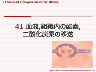 41 Transport of Oxygen and Carbon Dioxide
Guyton and Hall Textbook of Medical Physiology 13th Ed.
41 血液,組織内の酸素,
二酸化炭素の移送
 