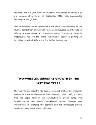 recovery. The IIP {The Index of Industrial Production} witnessed a y-
o-y increase of 6.1% as on September 2002, with Automobiles
clocking a 4.9% growth.
The two-wheeler sector witnessed a complete transformation in the
level of competition and growth rates as motorcycles lead the way in
offering a wider choice at competitive prices. The strong surge in
motorcycles had led the entire two-wheeler sector in posting an
incredible growth of 41% in the first half of the last year.
TWO-WHEELER INDUSTRY GROWTH IN THE
LAST TWO YEARS
The two-wheeler industry has seen a profound shift in the consumer
preference towards motorcycles from scooters. Until 1999, scooters
held the upper hand in the contribution to overall sales. The
introduction of Hero Honda’s blockbuster product Splendor was
instrumental in changing the scenario and the motorcycle growth
continues to outsmart scooters till date.
20
 