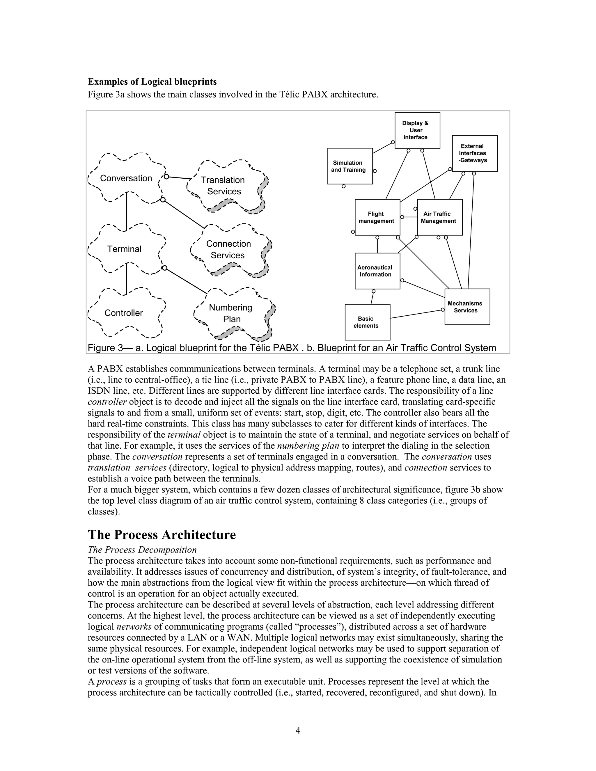 Examples of Logical blueprints
Figure 3a shows the main classes involved in the Télic PABX architecture.

                                                                                          Display &
                                                                                             User
                                                                                          Interface
                                                                                                                External
                                                                                                               Interfaces
                                                                   Simulation                                  -Gateways
                                                                  and Training
   Conversation               Translation
                               Services

                                                                             Flight              Air Traffic
                                                                           management           Management



                                Connection
     Terminal
                                 Services
                                                                           Aeronautical
                                                                            Information




                                                                                                         Mechanisms
                                 Numbering                                                                Services
    Controller
                                   Plan                                    Basic
                                                                         elements



Figure 3— a. Logical blueprint for the Télic PABX . b. Blueprint for an Air Traffic Control System

A PABX establishes commmunications between terminals. A terminal may be a telephone set, a trunk line
(i.e., line to central-office), a tie line (i.e., private PABX to PABX line), a feature phone line, a data line, an
ISDN line, etc. Different lines are supported by different line interface cards. The responsibility of a line
controller object is to decode and inject all the signals on the line interface card, translating card-specific
signals to and from a small, uniform set of events: start, stop, digit, etc. The controller also bears all the
hard real-time constraints. This class has many subclasses to cater for different kinds of interfaces. The
responsibility of the terminal object is to maintain the state of a terminal, and negotiate services on behalf of
that line. For example, it uses the services of the numbering plan to interpret the dialing in the selection
phase. The conversation represents a set of terminals engaged in a conversation. The conversation uses
translation services (directory, logical to physical address mapping, routes), and connection services to
establish a voice path between the terminals.
For a much bigger system, which contains a few dozen classes of architectural significance, figure 3b show
the top level class diagram of an air traffic control system, containing 8 class categories (i.e., groups of
classes).

The Process Architecture
The Process Decomposition
The process architecture takes into account some non-functional requirements, such as performance and
availability. It addresses issues of concurrency and distribution, of system’s integrity, of fault-tolerance, and
how the main abstractions from the logical view fit within the process architecture—on which thread of
control is an operation for an object actually executed.
The process architecture can be described at several levels of abstraction, each level addressing different
concerns. At the highest level, the process architecture can be viewed as a set of independently executing
logical networks of communicating programs (called “processes”), distributed across a set of hardware
resources connected by a LAN or a WAN. Multiple logical networks may exist simultaneously, sharing the
same physical resources. For example, independent logical networks may be used to support separation of
the on-line operational system from the off-line system, as well as supporting the coexistence of simulation
or test versions of the software.
A process is a grouping of tasks that form an executable unit. Processes represent the level at which the
process architecture can be tactically controlled (i.e., started, recovered, reconfigured, and shut down). In


                                                        4
 