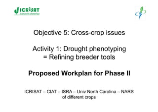 Objective 5: Cross-crop issues

   Activity 1: Drought phenotyping
       = Refining breeder tools

 Proposed Workplan for Phase II

ICRISAT – CIAT – ISRA – Univ North Carolina – NARS
                  of different crops
 