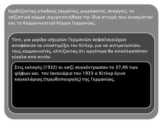 ► Έκδοση του 1942 του
βιβλίου Ο αγώνας μου,
που έγραψε ο Αδόλφος
Χίτλερ το 1924 στη
φυλακή, όπου πήγε για
το πραξικόπημα στο
Μόναχο. Σ’ αυτό μιλάει
για το ναζισμό και
περιγράφει τα βασικά
σημεία του: η πολιτική
είναι μια πάλη ανάμεσα
στις ανώτερες και στις
κατώτερες φυλές, αλλά
στο τέλος θα επικρατήσει
η Άρια φυλή, που είναι
ανώτερη από τις άλλες
 